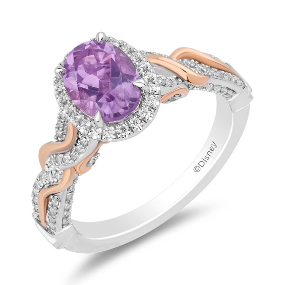 Enchanted Disney Rapunzel Oval Amethyst and 1/3 CT. T.w. Diamond Frame Twist Shank Engagement Ring in 14K Two-Tone Gold