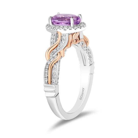 Enchanted Disney Rapunzel Oval Amethyst and 1/3 CT. T.w. Diamond Frame Twist Shank Engagement Ring in 14K Two-Tone Gold