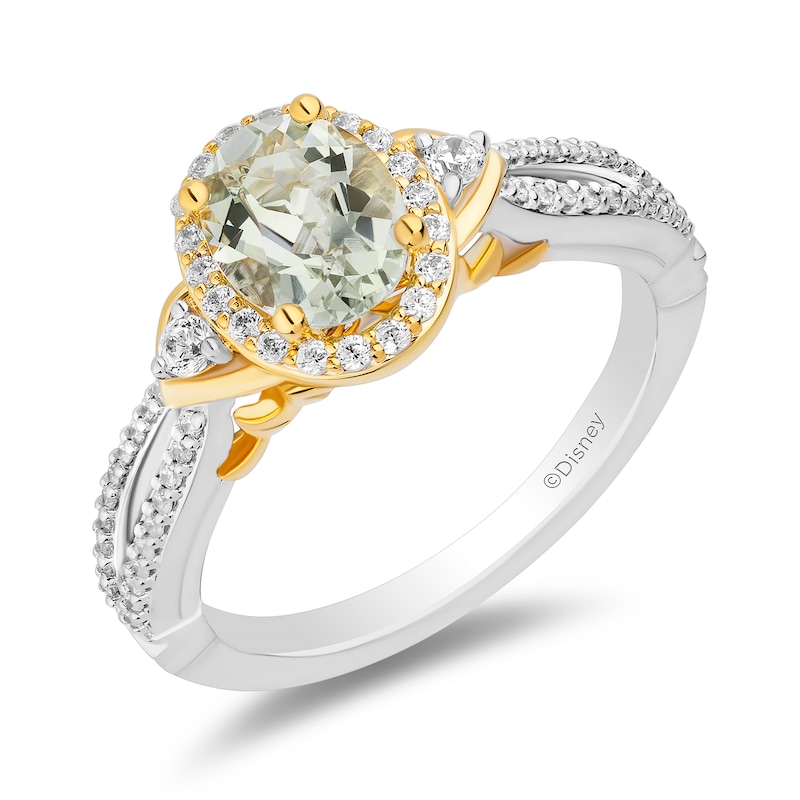 Main Image 1 of Enchanted Disney Tiana Oval Green Quartz and 1/3 CT. T.W. Diamond Frame Collar Engagement Ring in 14K Two-Tone Gold