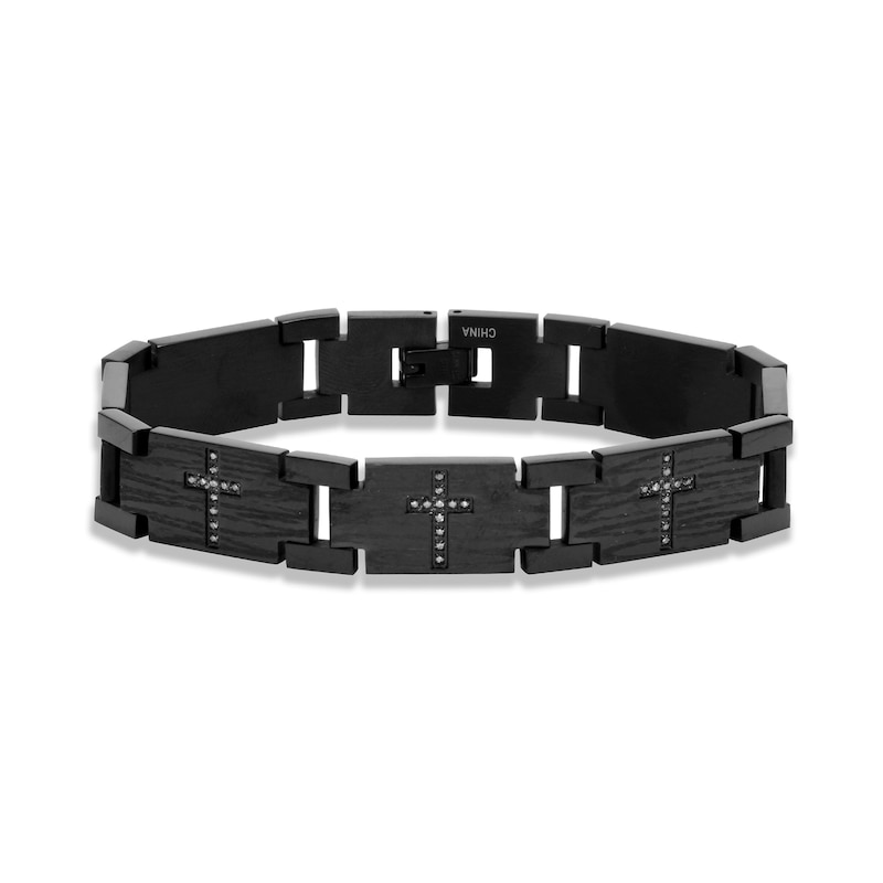 Main Image 1 of 1/4 CT. T.W. Diamond Cross Textured Link Bracelet in Stainless Steel with Black Ion Plate - 8.5"