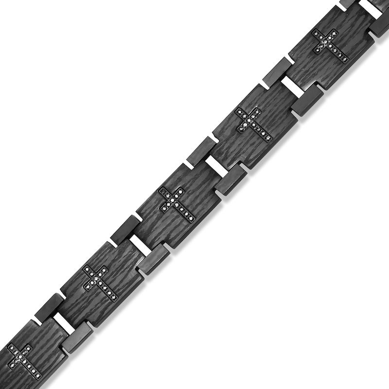Main Image 2 of 1/4 CT. T.W. Diamond Cross Textured Link Bracelet in Stainless Steel with Black Ion Plate - 8.5"