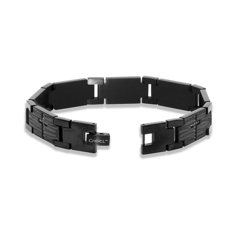 Main Image 3 of 1/4 CT. T.W. Diamond Cross Textured Link Bracelet in Stainless Steel with Black Ion Plate - 8.5"