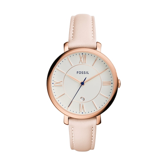 Ladiesâ Fossil Jacqueline Rose-Tone IP Blush Leather Strap Watch with White Dial (Model: Es3988)