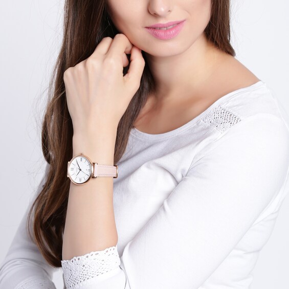 Ladiesâ Fossil Jacqueline Rose-Tone IP Blush Leather Strap Watch with White Dial (Model: Es3988)