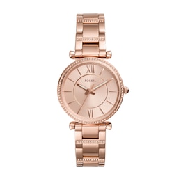 Ladies’ Fossil Carlie Crystal Accent Rose-Tone IP Watch with Rose-Tone Sunray Dial (Model: ES4301)