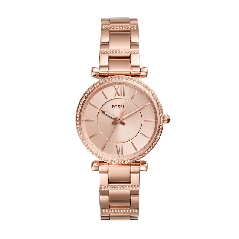 Main Image 1 of Ladies’ Fossil Carlie Crystal Accent Rose-Tone IP Watch with Rose-Tone Sunray Dial (Model: ES4301)