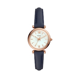 Ladies’ Fossil Carlie Rose-Tone IP Blue Leather Strap Watch with White Mother-of-Pearl Dial (Model: ES4502)