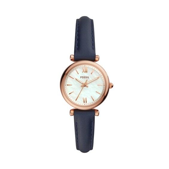 Ladiesâ Fossil Carlie Rose-Tone IP Blue Leather Strap Watch with White Mother-of-Pearl Dial (Model: Es4502)