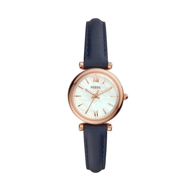 Main Image 1 of Ladies’ Fossil Carlie Rose-Tone IP Blue Leather Strap Watch with White Mother-of-Pearl Dial (Model: ES4502)