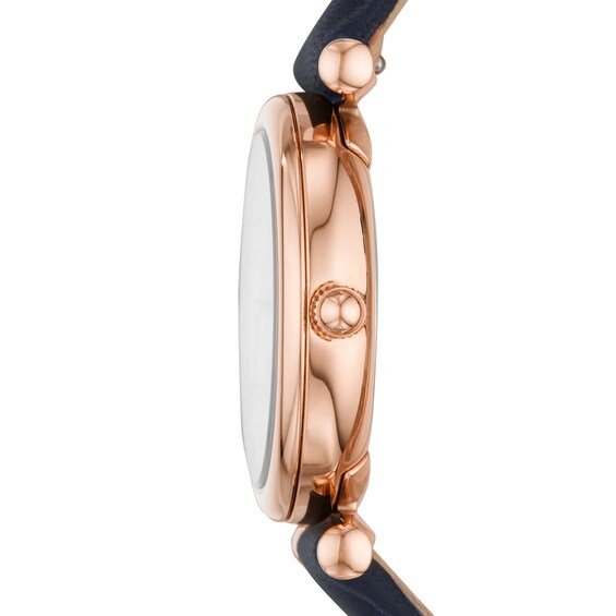 Ladiesâ Fossil Carlie Rose-Tone IP Blue Leather Strap Watch with White Mother-of-Pearl Dial (Model: Es4502)