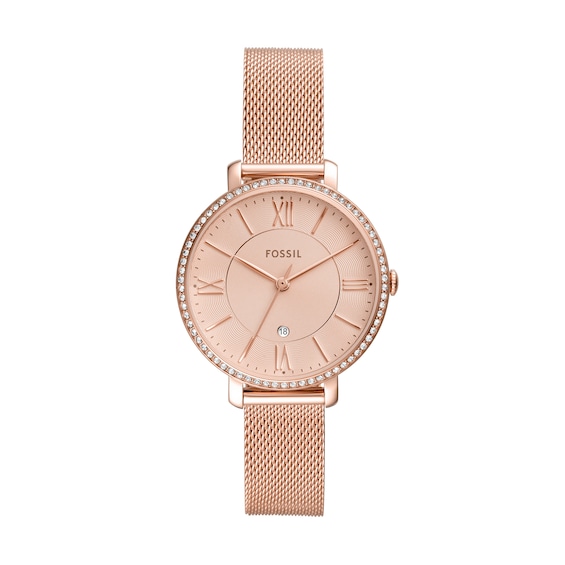 Ladiesâ Fossil Jacqueline Crystal Accent Rose-Tone IP Mesh Watch with Rose-Tone Dial (Model: Es4628)