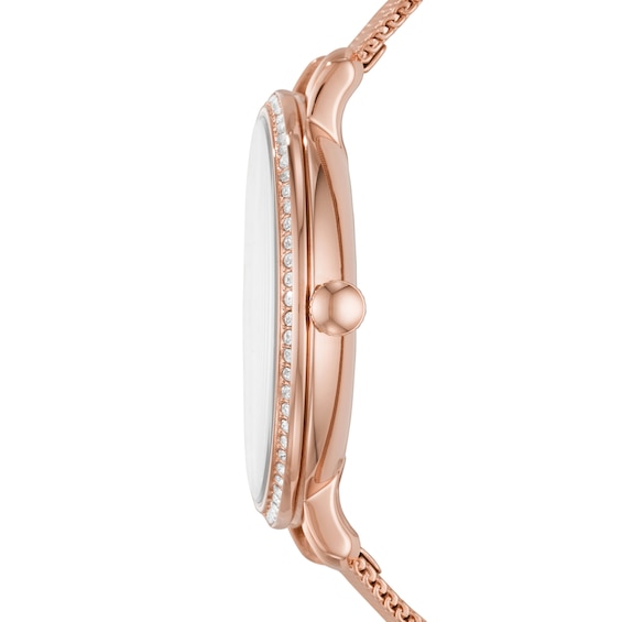 Ladiesâ Fossil Jacqueline Crystal Accent Rose-Tone IP Mesh Watch with Rose-Tone Dial (Model: Es4628)