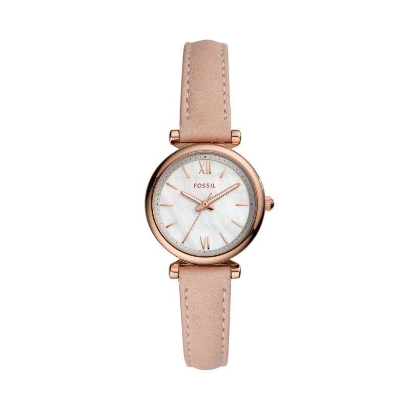 Main Image 1 of Ladies’ Fossil Carlie Rose-Tone IP Pink Leather Strap Watch with White Mother-of-Pearl Dial (Model: ES4699)