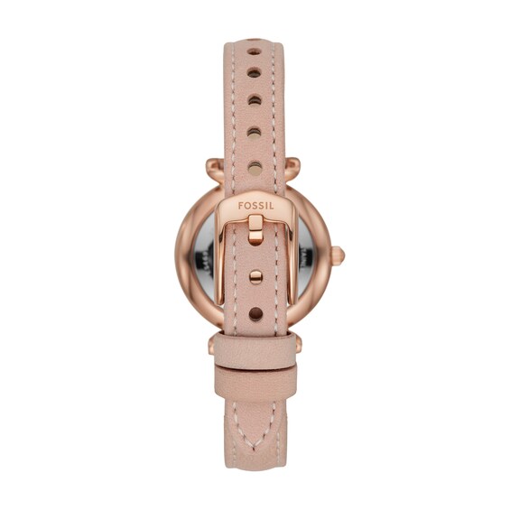 Ladiesâ Fossil Carlie Rose-Tone IP Pink Leather Strap Watch with White Mother-of-Pearl Dial (Model: Es4699)