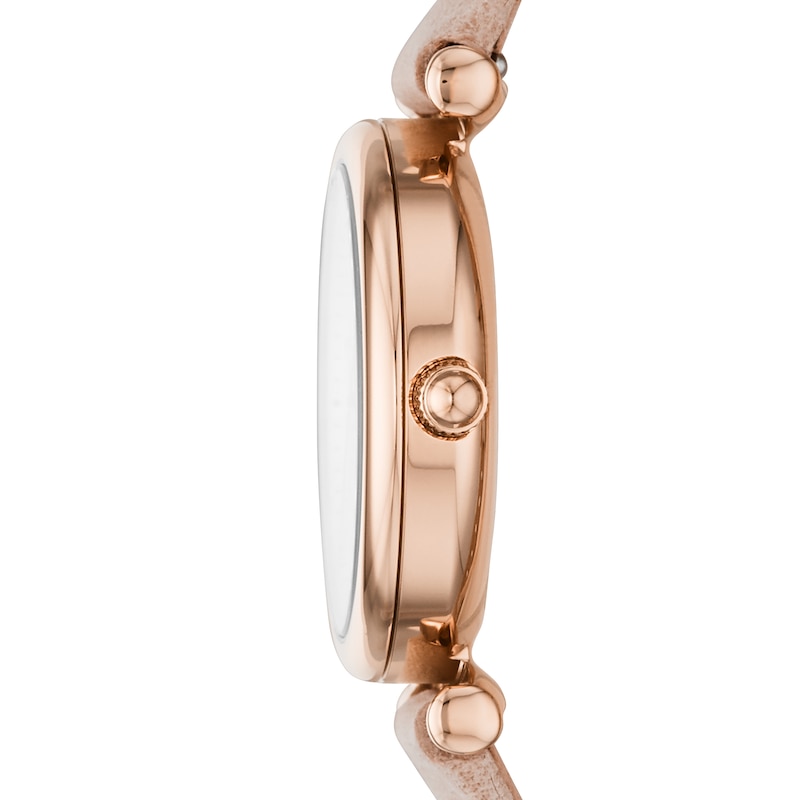 Main Image 3 of Ladies’ Fossil Carlie Rose-Tone IP Pink Leather Strap Watch with White Mother-of-Pearl Dial (Model: ES4699)