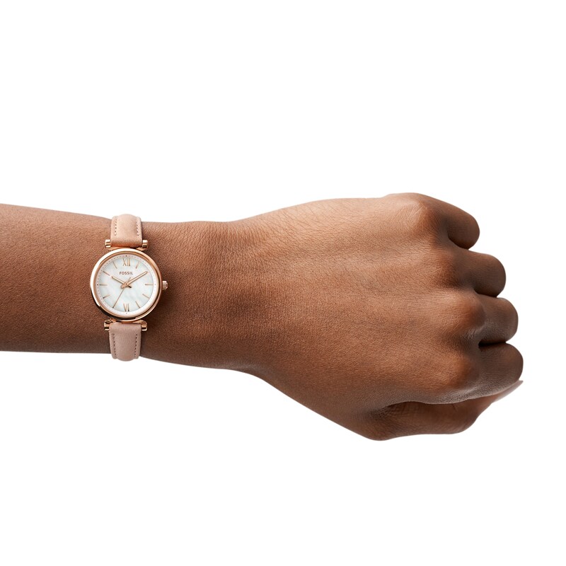 Main Image 4 of Ladies’ Fossil Carlie Rose-Tone IP Pink Leather Strap Watch with White Mother-of-Pearl Dial (Model: ES4699)