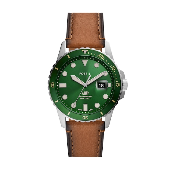 Menâs Fossil Blue Dive Tan Leather Strap Watch with Green Dial (Model: Fs5946)