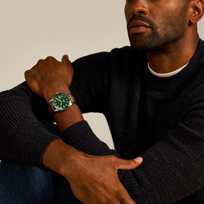 Main Image 4 of Men’s Fossil Blue Dive Tan Leather Strap Watch with Green Dial (Model: FS5946)