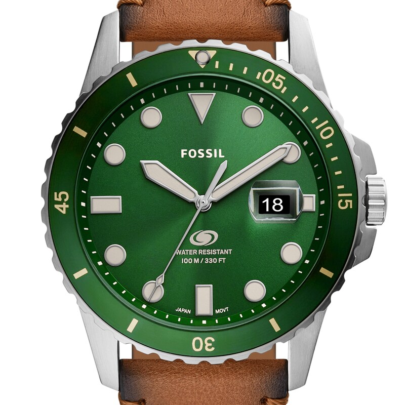 Main Image 5 of Men’s Fossil Blue Dive Tan Leather Strap Watch with Green Dial (Model: FS5946)