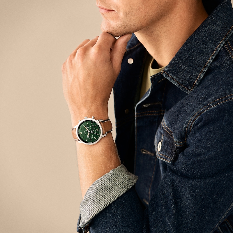 Main Image 4 of Men’s Fossil Neutra Brown Leather Strap Chronograph Watch with Green Dial (Model: FS5963)