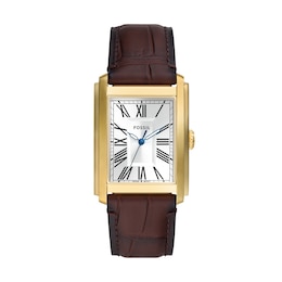 Men’s Fossil Carraway Gold-Tone IP Brown Leather Strap Watch with Rectangular White Dial (Model: FS6011)