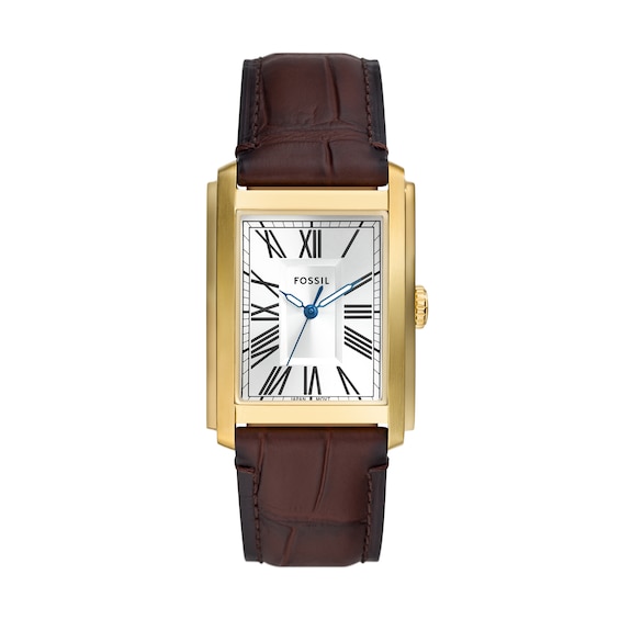 Menâs Fossil Carraway Gold-Tone IP Brown Leather Strap Watch with Rectangular White Dial (Model: Fs6011)
