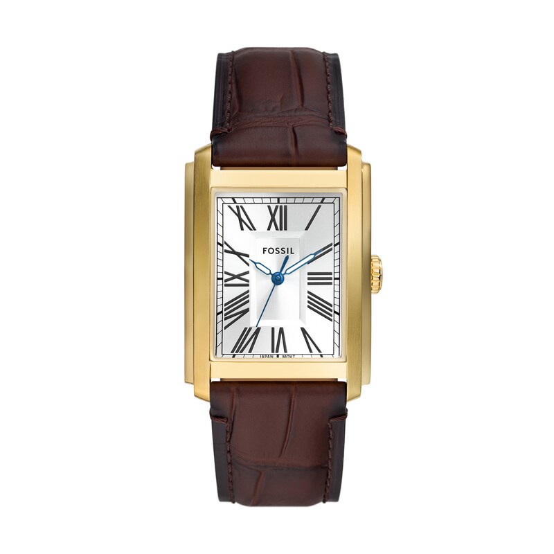 Main Image 1 of Men’s Fossil Carraway Gold-Tone IP Brown Leather Strap Watch with Rectangular White Dial (Model: FS6011)