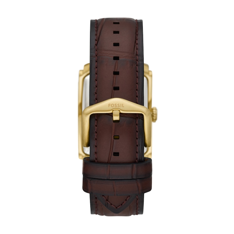 Main Image 2 of Men’s Fossil Carraway Gold-Tone IP Brown Leather Strap Watch with Rectangular White Dial (Model: FS6011)