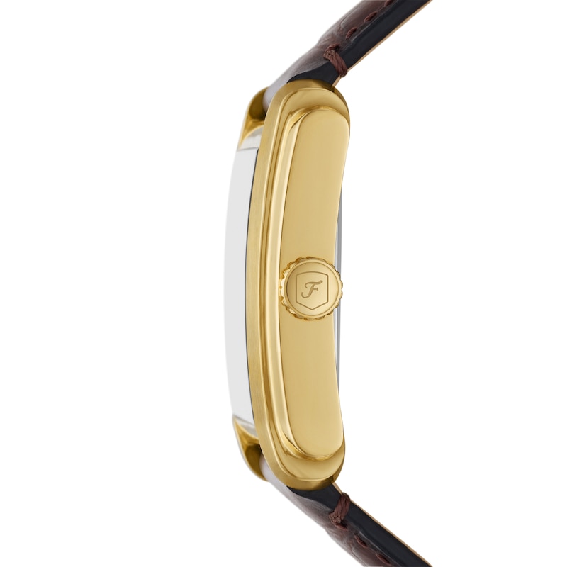 Main Image 3 of Men’s Fossil Carraway Gold-Tone IP Brown Leather Strap Watch with Rectangular White Dial (Model: FS6011)