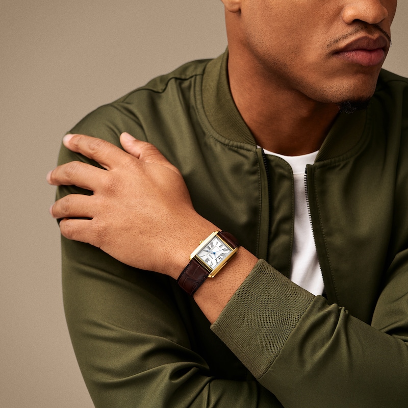 Main Image 4 of Men’s Fossil Carraway Gold-Tone IP Brown Leather Strap Watch with Rectangular White Dial (Model: FS6011)