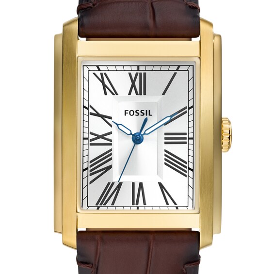 Menâs Fossil Carraway Gold-Tone IP Brown Leather Strap Watch with Rectangular White Dial (Model: Fs6011)