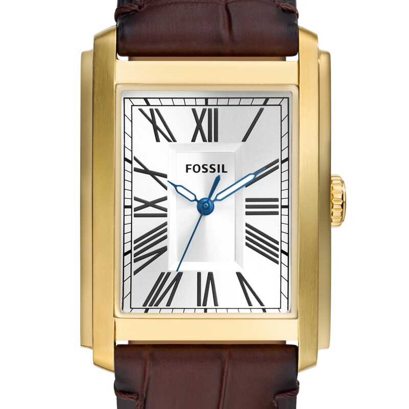 Main Image 5 of Men’s Fossil Carraway Gold-Tone IP Brown Leather Strap Watch with Rectangular White Dial (Model: FS6011)