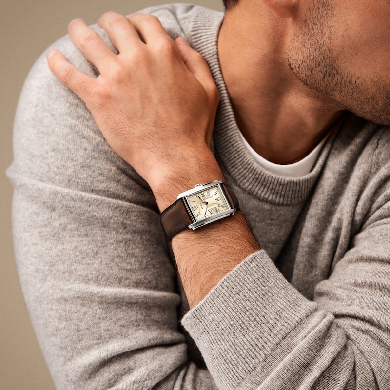 Main Image 4 of Men’s Fossil Carraway Brown Leather Strap Watch with Rectangular Cream Dial (Model: FS6012)
