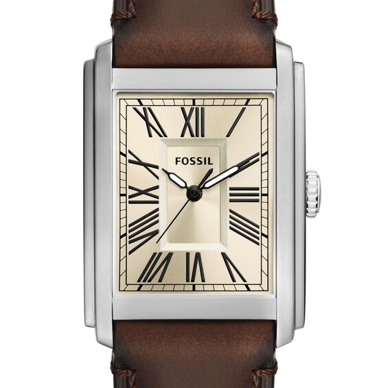 Menâs Fossil Carraway Brown Leather Strap Watch with Rectangular Cream Dial (Model: Fs6012)