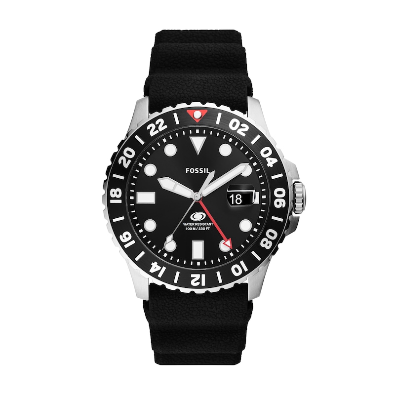 Main Image 1 of Men’s Fossil Blue GMT Dive Black Silicone Strap Watch with Black Dial (Model: FS6036)