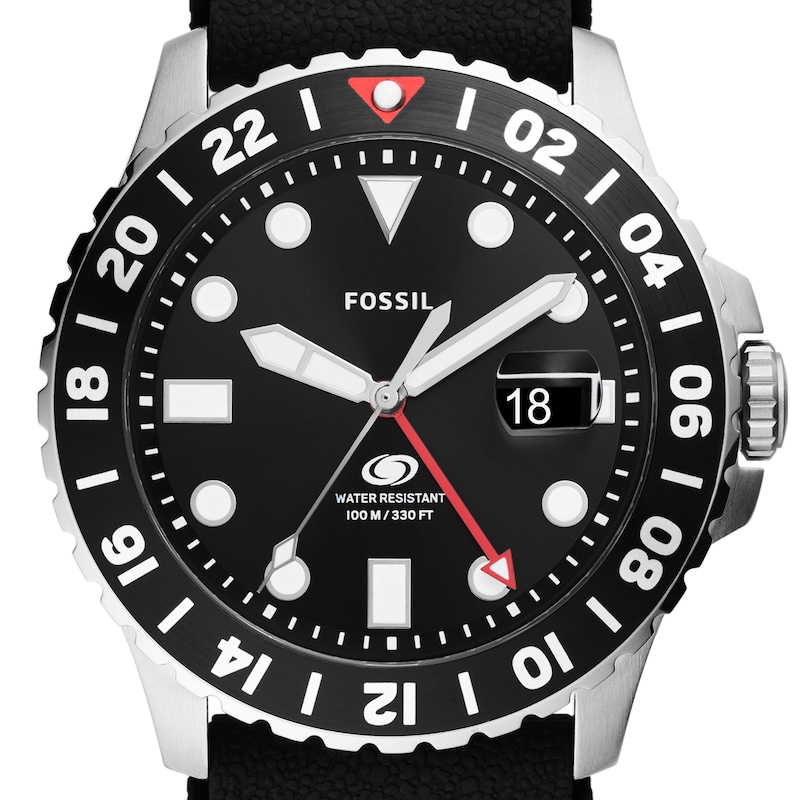 Main Image 5 of Men’s Fossil Blue GMT Dive Black Silicone Strap Watch with Black Dial (Model: FS6036)