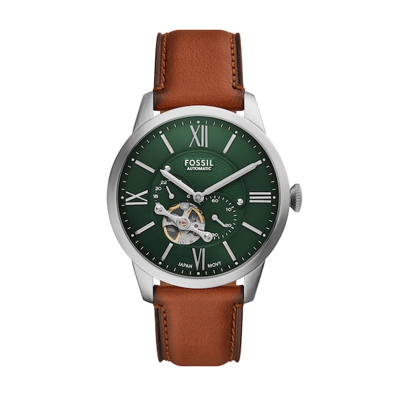 Menâs Fossil Townsman Brown Leather Strap Chronograph Automatic Watch with Green Dial (Model: Me3265)