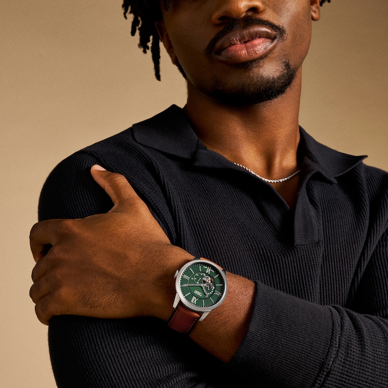 Main Image 5 of Men’s Fossil Townsman Brown Leather Strap Chronograph Automatic Watch with Green Dial (Model: ME3265)