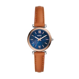 Ladies’ Fossil Carlie Rose-Tone IP Tan Leather Strap Watch with Blue Mother-of-Pearl Dial (Model: ES4701)