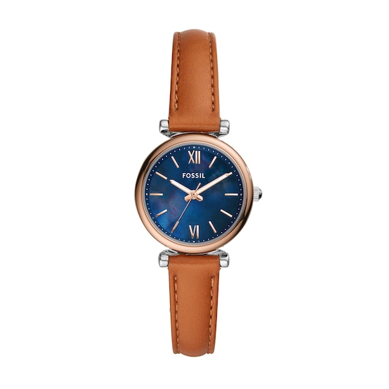 Ladiesâ Fossil Carlie Rose-Tone IP Tan Leather Strap Watch with Blue Mother-of-Pearl Dial (Model: Es4701)
