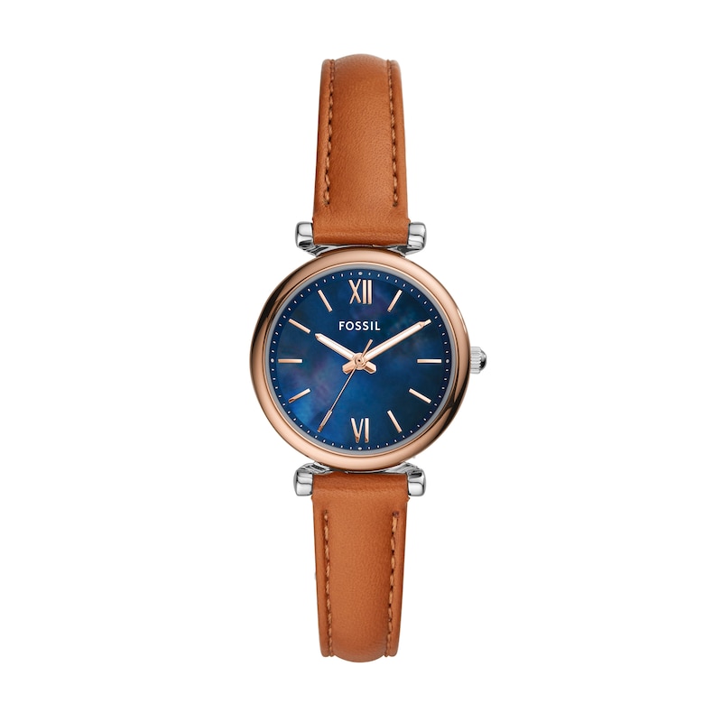 Main Image 1 of Ladies’ Fossil Carlie Rose-Tone IP Tan Leather Strap Watch with Blue Mother-of-Pearl Dial (Model: ES4701)