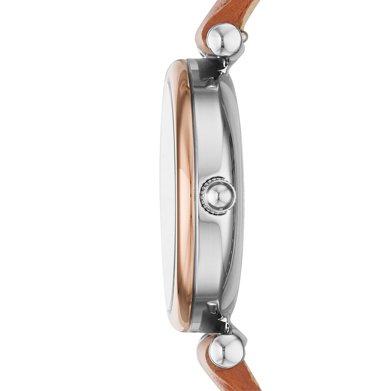 Main Image 3 of Ladies’ Fossil Carlie Rose-Tone IP Tan Leather Strap Watch with Blue Mother-of-Pearl Dial (Model: ES4701)