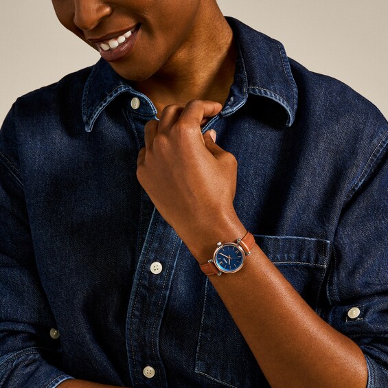 Ladiesâ Fossil Carlie Rose-Tone IP Tan Leather Strap Watch with Blue Mother-of-Pearl Dial (Model: Es4701)