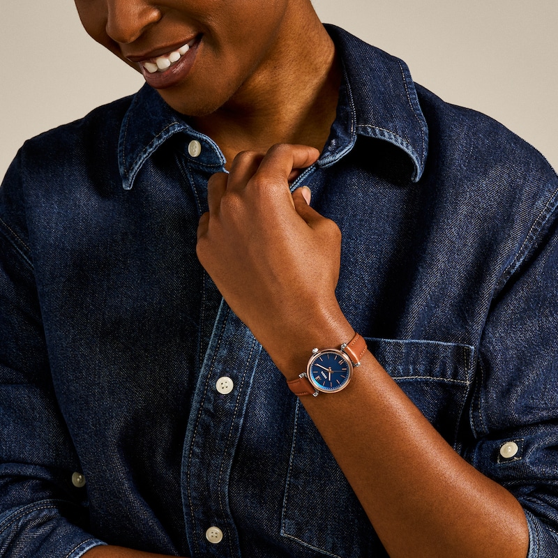 Main Image 4 of Ladies’ Fossil Carlie Rose-Tone IP Tan Leather Strap Watch with Blue Mother-of-Pearl Dial (Model: ES4701)