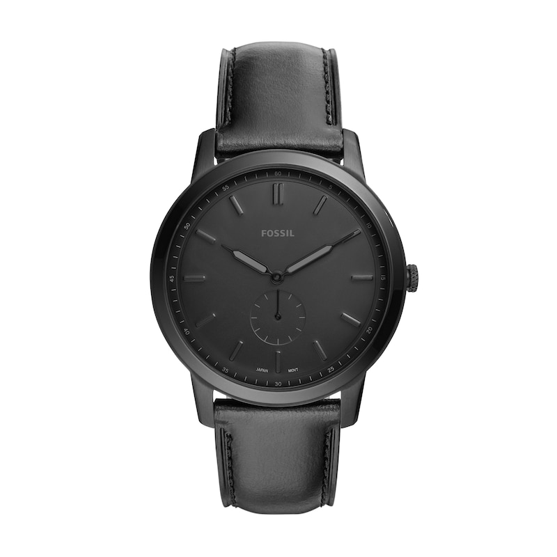 Main Image 1 of Men’s Fossil Minimalist Black IP Leather Strap Watch with Black Sunray Dial (Model: FS5447)