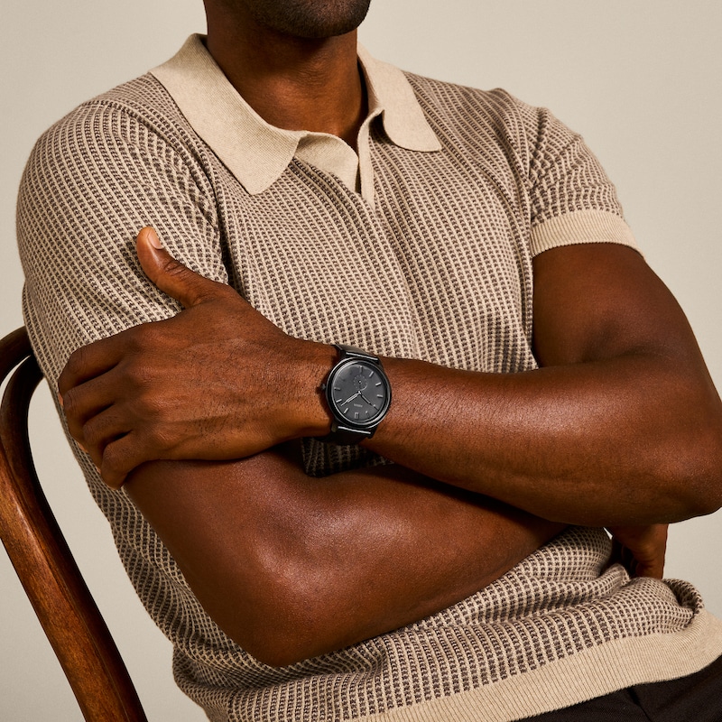 Main Image 5 of Men’s Fossil Minimalist Black IP Leather Strap Watch with Black Sunray Dial (Model: FS5447)