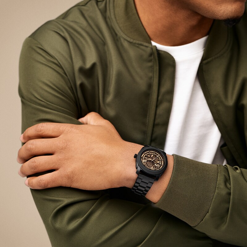 Main Image 5 of Men’s Fossil Machine Black IP Automatic Watch with Brown Skeleton Dial (Model: ME3253)