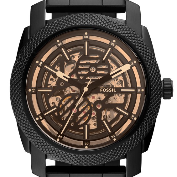 Menâs Fossil Machine Black IP Automatic Watch with Brown Skeleton Dial (Model: Me3253)