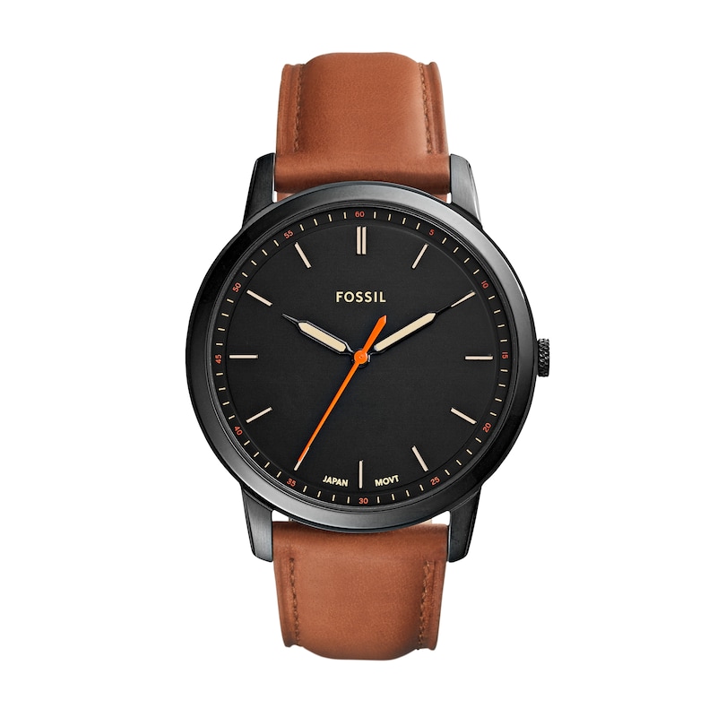 Main Image 1 of Men’s Fossil Minimalist Black IP Brown Leather Strap Watch with Black Satin Dial (Model: FS5305)
