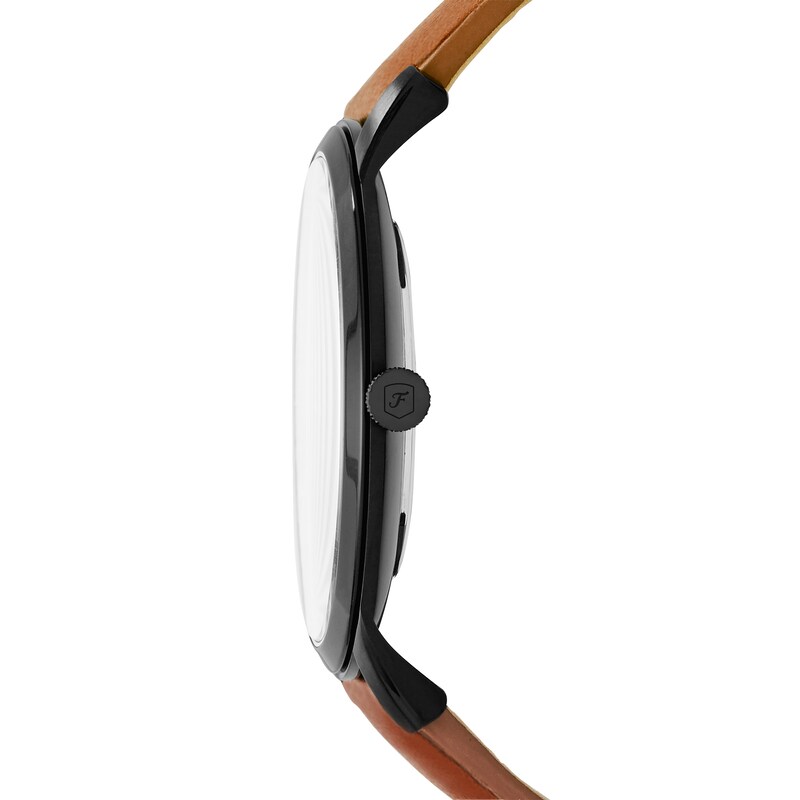 Main Image 2 of Men’s Fossil Minimalist Black IP Brown Leather Strap Watch with Black Satin Dial (Model: FS5305)
